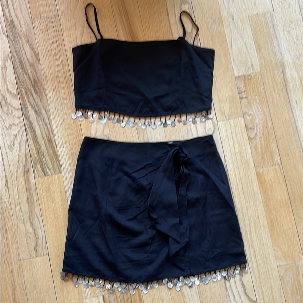 Jason Wu Black Two-Piece Crop Top and Skirt with Silver Coin Trim